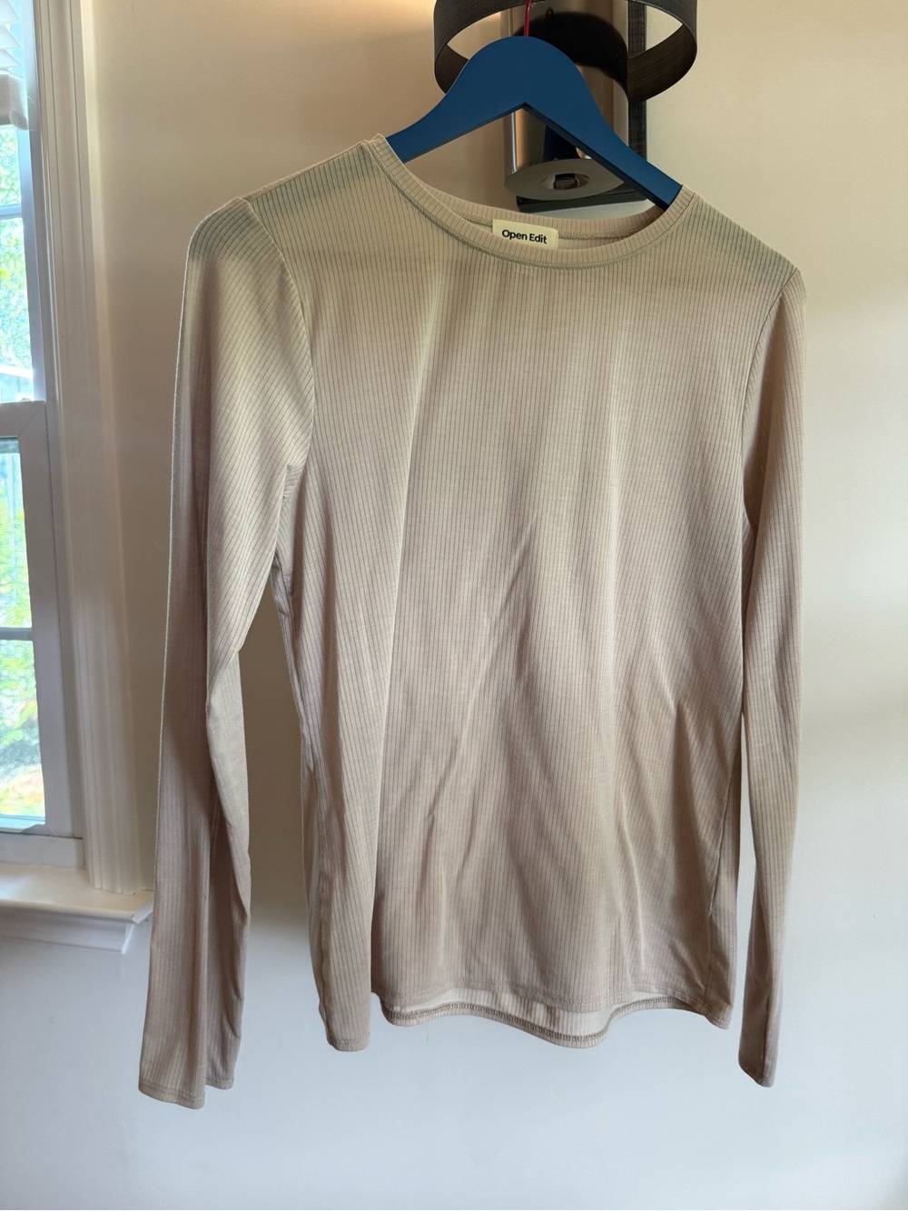 Open Edit Women's Long-Sleeve Ribbed Top in Cream
